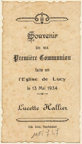 L'Enfant Jésus donnant la communion à une jeune fille. Souvenir de première communion de Lucette Hallier faite en l'église de Lucy le 13 mai 1934