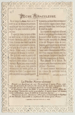 Image pieuse dentelle. La Pêche Miraculeuse. Citation l'Evangile selon saint Luc