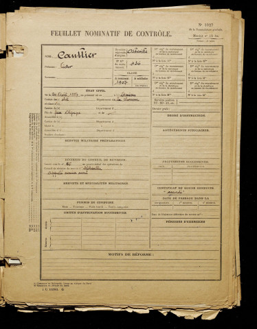 Caullier, Victor, né le 20 août 1887 à Amiens (Somme), classe 1907, matricule n° 436, Bureau de recrutement d'Abbeville
