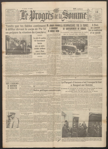 Le Progrès de la Somme, numéro 21696, 14 février 1939