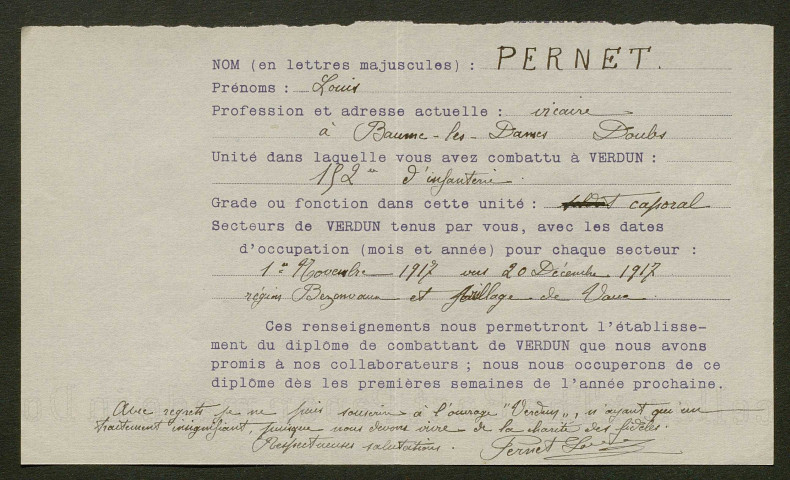 Témoignage de Pernet, Louis (Caporal) et correspondance avec Jacques Péricard