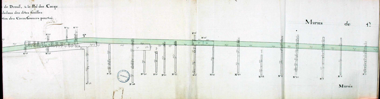 Plan des fouilles du marais de Saint-Sauveur première partie entre le marais de Dreuil et le pré des Coqs