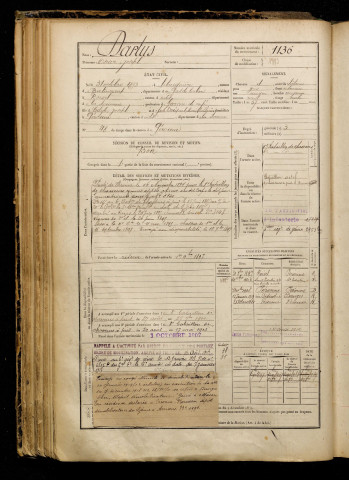 Dartus, Oscar Joseph, né le 31 octobre 1873 à Lebucquière (Pas-de-Calais), classe 1893, matricule n° 1136, Bureau de recrutement de Péronne