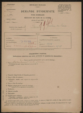Péronne. Demande d'indemnisation des dommages de guerre : dossier Département de la Somme (bibliothèque de la Justice de Paix)