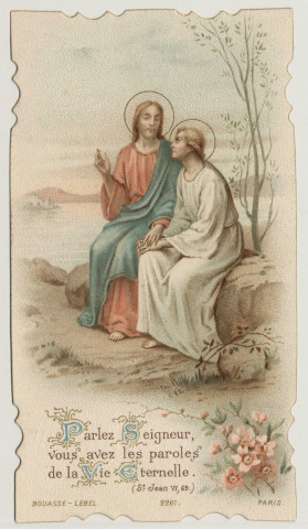 Parlez Seigneur, vous avez les paroles de la Vie Eternelle. Souvenir de première communion. Image de première communion de Jean-Gabriel d'Hautefeuille faite en la chapelle de l'Ecole Libre de la Providence à Amiens, le 13 mai 1903