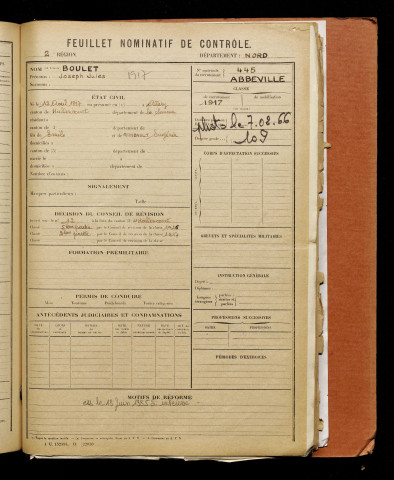 Boulet, Joseph Jules, né le 12 avril 1897 à Allery (Somme), classe 1917, matricule n° 445, Bureau de recrutement d'Abbeville
