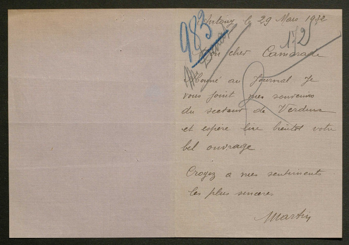Témoignage de Martin, Georges (Lieutenant) et correspondance avec Jacques Péricard