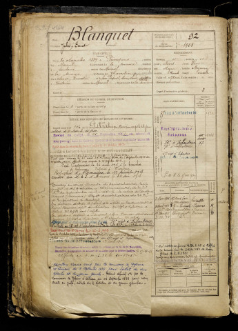 Blanquet, Jules Ernest, né le 30 novembre 1889 à Pierrepont-sur-Avre (Somme), classe 1909, matricule n° 92, Bureau de recrutement de Péronne