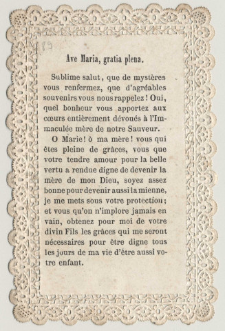 Image pieuse dentelle. Je vous salue Marie pleine de grâce. Marie accompagnée d'un ange. Ave Maria, gratia plena