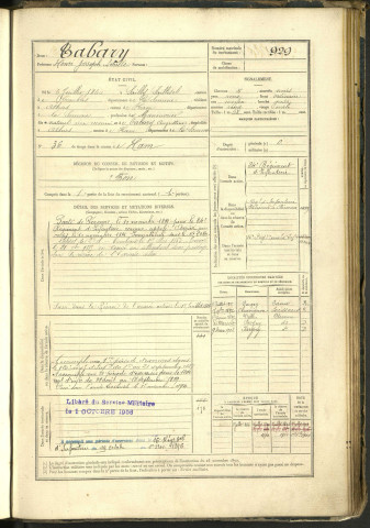 Tabary, Henri Joseph Achille, né le 06 juillet 1860 à Sailly-Saillisel (Somme, France), classe 1880, matricule n° 929, Bureau de recrutement de Péronne