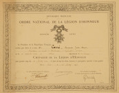 Diplôme de l'Ordre National de la Légion d'Honneur décerné au Capitaine Fernand Carré
