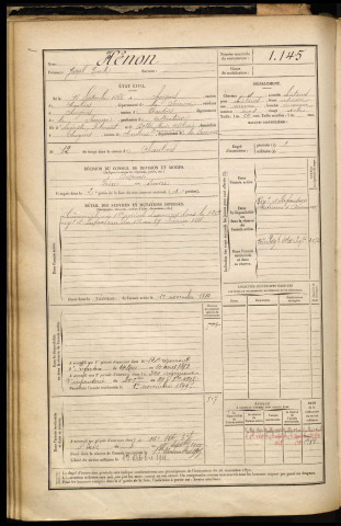 Hénon, Joseph Emile, né le 18 septembre 1865 à Chuignes (Somme), classe 1885, matricule n° 1145, Bureau de recrutement de Péronne