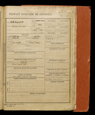 Drouart, Amédée François, né le 15 juillet 1892 à Cambron (Somme), classe 1912, matricule n° 454, Bureau de recrutement d'Abbeville