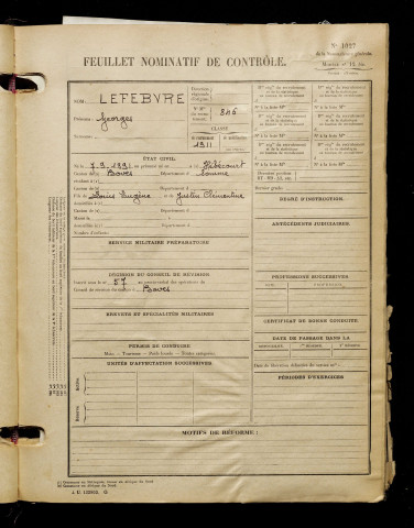 Lefebvre, Georges, né le 07 septembre 1891 à Hébécourt (Somme), classe 1911, matricule n° 846, Bureau de recrutement d'Amiens