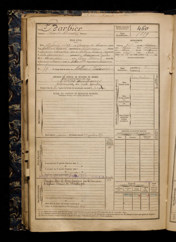 Barbier, Charles Alexandre, né le 14 février 1869 à Quesnoy-sur-Airaines (Somme), classe 1889, matricule n° 460, Bureau de recrutement d'Amiens