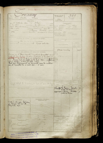 Trannay, Louis Gaston, né le 18 septembre 1900 à Ytres (Pas-de-Calais), classe 1920, matricule n° 349, Bureau de recrutement de Péronne