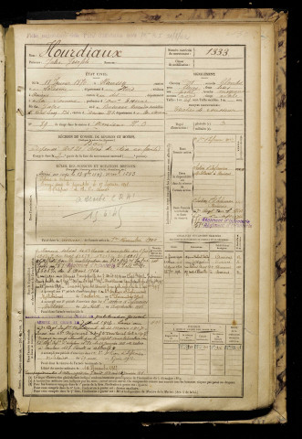 Hourdiaux, Jules Joseph, né le 18 janvier 1876 à Haussy (Nord), classe 1896, matricule n° 1333, Bureau de recrutement d'Amiens