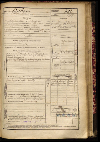 Dubois, Philippe Isoré, né le 16 février 1865 à Bergicourt (Somme), classe 1885, matricule n° 423, Bureau de recrutement d'Amiens