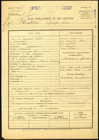 Nortier, Georges Jules, né le 06 juillet 1891 à Amiens (Somme), classe 1911, matricule n° 217, Bureau de recrutement d'Amiens