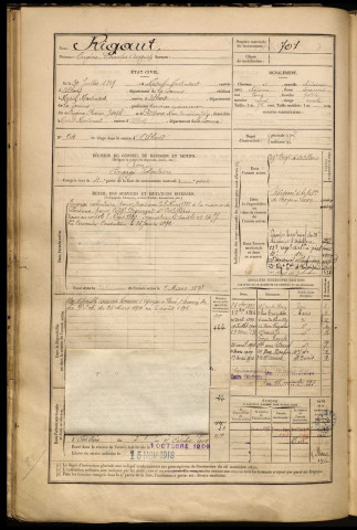 Rigaut, Eugène Charles Auguste, né le 30 juillet 1869 à Albert (Somme), classe 1889, matricule n° 701, Bureau de recrutement de Péronne
