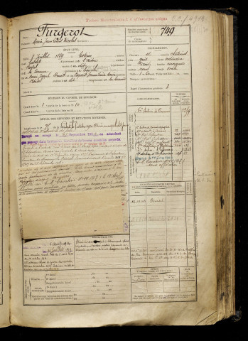 Furgerot, Marie Jean Louis Nicolas, né le 08 juillet 1889 à Estrées (Aisne), classe 1909, matricule n° 749, Bureau de recrutement de Péronne