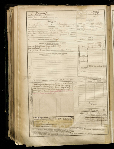 Benoit, Jean Baptiste, né le 18 février 1876 à Rocquigny (Pas-de-Calais), classe 1896, matricule n° 478, Bureau de recrutement de Péronne