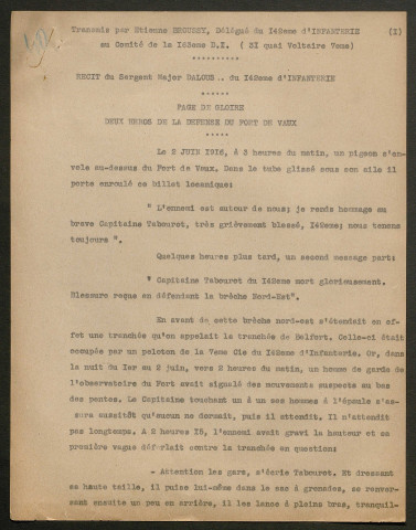 Témoignage de Dalous (Sergent Major) et correspondance avec Jacques Péricard