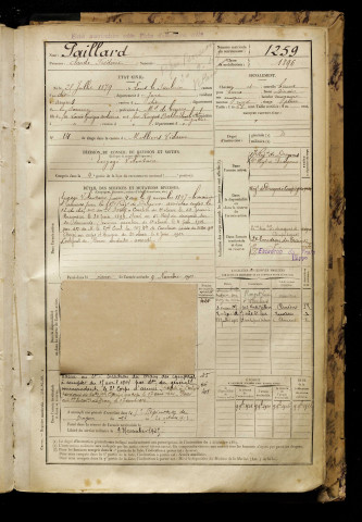 Paillard, Claude Frédéric, né le 25 juillet 1879 à Lons-le-Saunier (Jura), classe 1899, matricule n° 1259, Bureau de recrutement d'Amiens