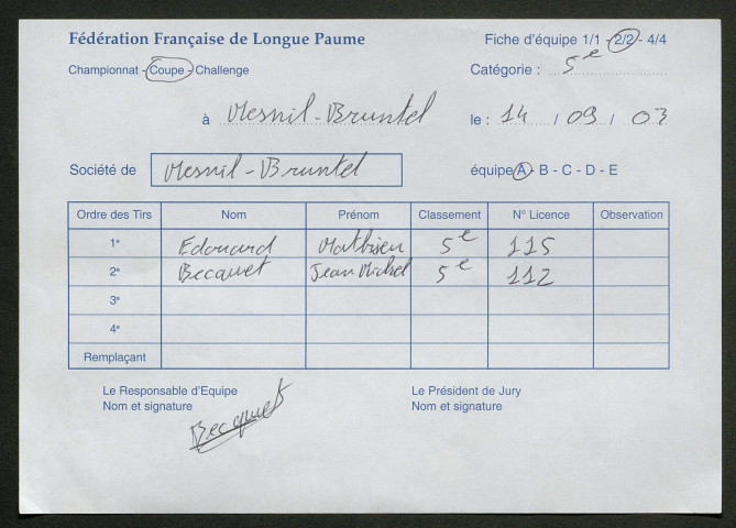 Feuilles de matchs. Listes nominatives des joueurs de Longue Paume sélectionnés par matchs