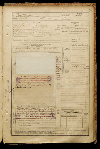 Bondois, Camille, né le 06 mars 1877 à Amiens (Somme), classe 1897, matricule n° 331, Bureau de recrutement d'Amiens