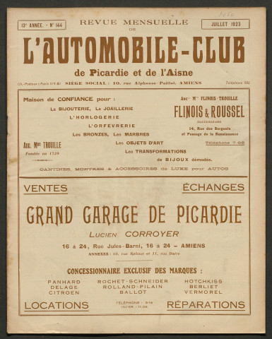 L'Automobile-club de Picardie et de l'Aisne. Revue mensuelle, 144, juillet 1923