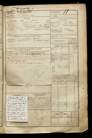 Delasalle, Georges Albert Alphonse, né le 10 mai 1896 à Moreuil (Somme), classe 1916, matricule n° 77, Bureau de recrutement de Péronne