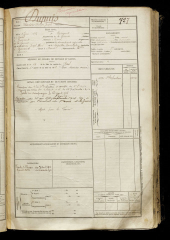 Dupuis, Théodore François Joseph, né le 08 juin 1893 à Driencourt (Somme), classe 1913, matricule n° 727, Bureau de recrutement de Péronne