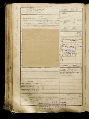 Binand, Marcel Raoul René, né le 27 mai 1895 à Amiens (Somme), classe 1915, matricule n° 1310, Bureau de recrutement d'Amiens