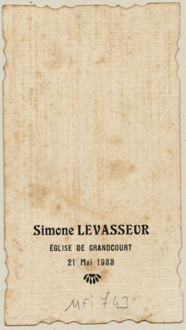 Le Christ et Saint Jean lors de la Cène. Souvenir de Communion de Simone Levasseur faite en l'église de Grancourt le 21 mai 1933