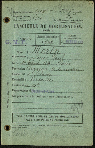 Fascicule de mobilisation de Louis Paul Morin, né le 10 septembre 1889 à Paris, classe 1909, matricule n° 3500, Bureau de recrutement de Versailles