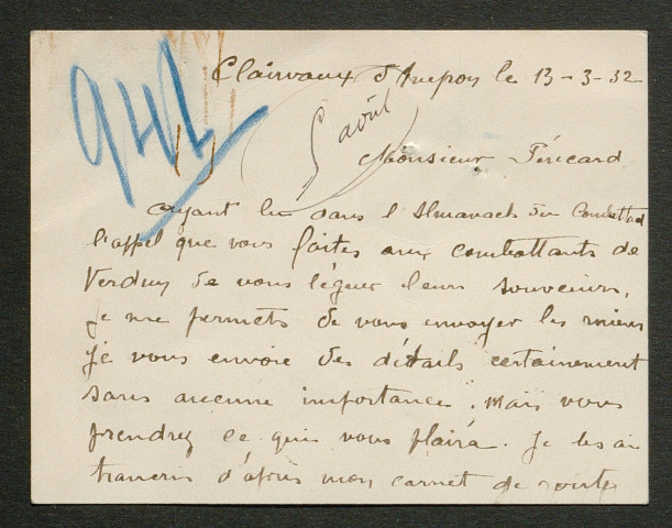 Témoignage de Raynal, Etienne Justin (Sergent) et correspondance avec Jacques Péricard