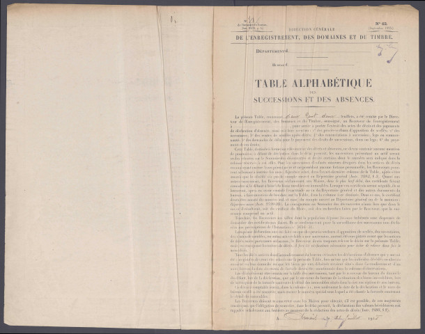 Table des successions et absences du bureau d'Amiens