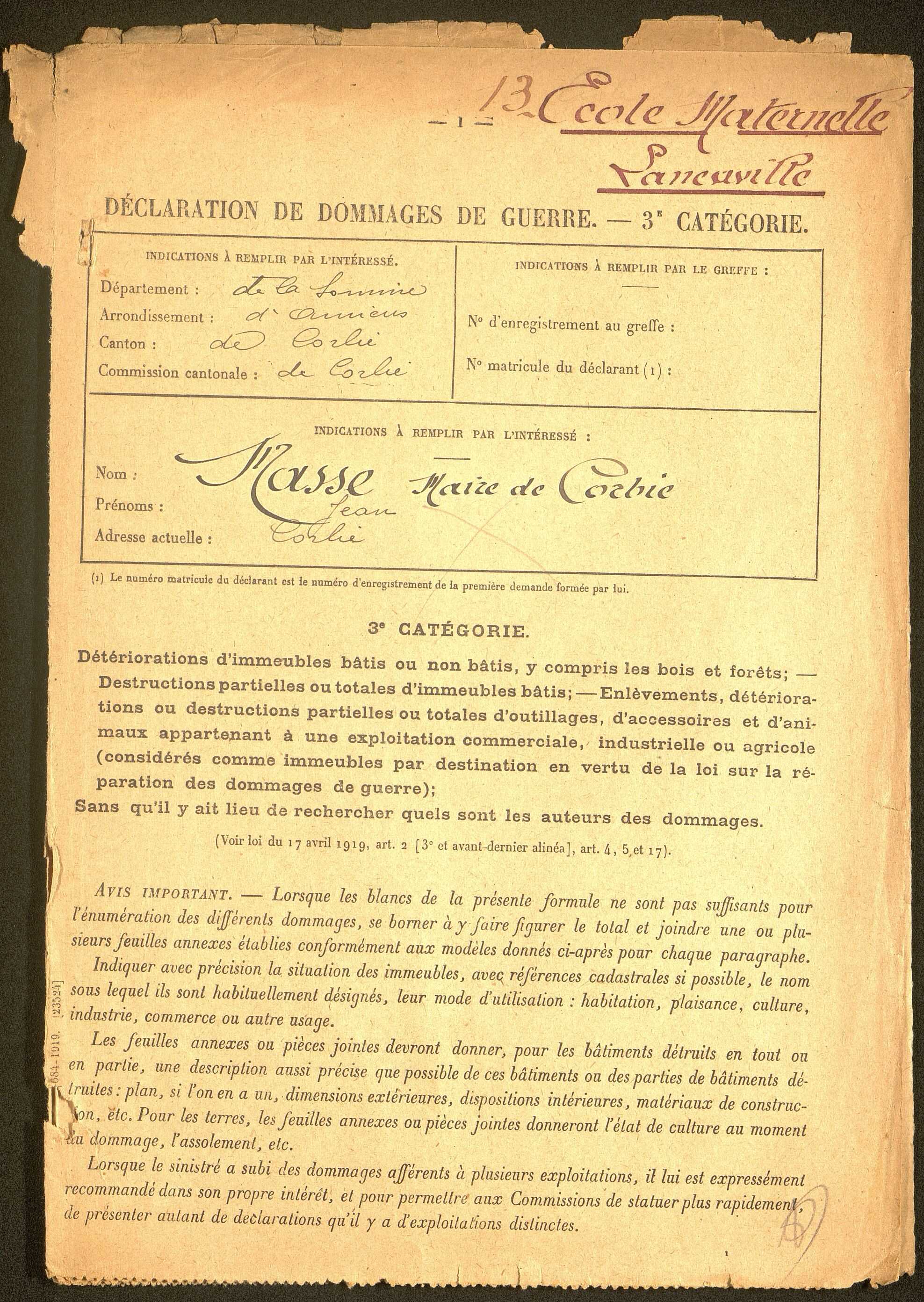 Corbie. Demande d'indemnisation des dommages de guerre : dossier Ville de Corbie (école maternelle de la Neuville)