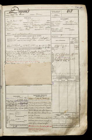 Dupuis, Ernest Léon Maxime, né le 29 janvier 1896 à Driencourt (Somme), classe 1916, matricule n° 515, Bureau de recrutement de Péronne