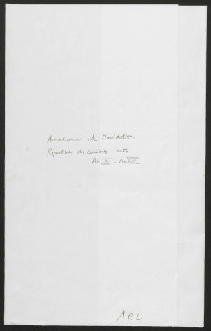Liste départementale des conscrits, par compagnies d'arrondissements et par pelotons. - Arrondissements d'Abbeville et Montdidier, répartition des conscrits entre l'an XI et, l'an XII. - Liste départementale des conscrits comprenant les absents qui n'ont pas répondu aux sommations des maires, les faux infirmes, les conscrits désignés par l'article 25 de la loi du 29 fructidor an II, et le quart de supplément de la période 1802-1803