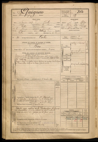 Quignon, Henri Eugène, né le 11 janvier 1867 à Corbie (Somme), classe 1887, matricule n° 354, Bureau de recrutement d'Amiens