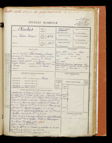 Soulas, Léonce Ernest, né le 07 novembre 1897 à Villers-Campsart (Somme), classe 1917, matricule n° 203, Bureau de recrutement d'Amiens