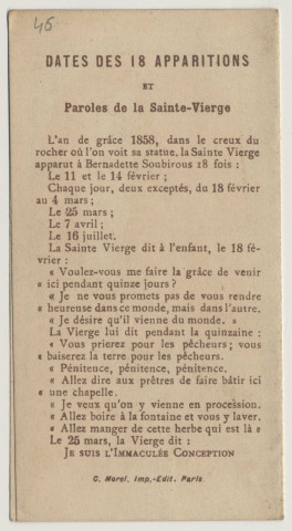 A la Grotte bénie, j'ai prié pour vous. Prière à Notre Dame de Lourdes. Sainte Bernadette et la Vierge dans la grotte de Lourdes. Souvenir du jubilé 1858-1908. Dates des 18 apparitions et paroles de la Sainte-Vierge
