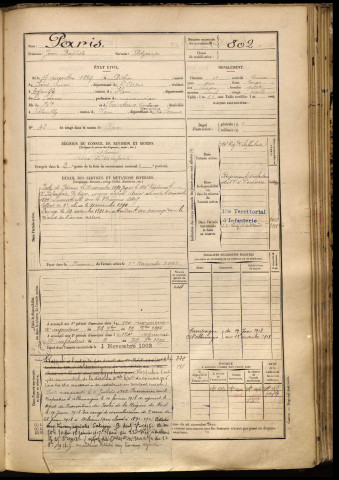 Paris, Jean Baptiste, né le 17 décembre 1869 à St Simon (Aisne), classe 1889, matricule n° 802, Bureau de recrutement de Péronne