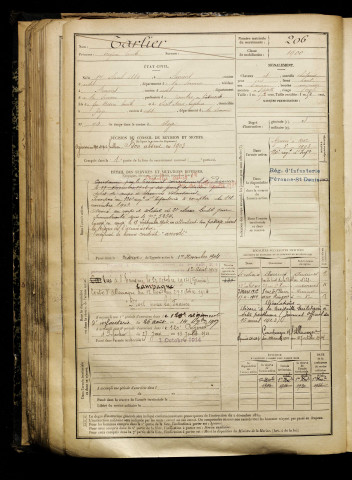 Tarlier, Eugène Emile, né le 14 avril 1880 à Amiens (Somme), classe 1900, matricule n° 206, Bureau de recrutement de Péronne