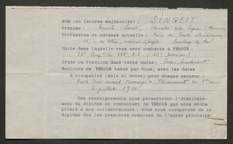 Témoignage de Singeot, Emile (Sous-lieutenant) et correspondance avec Jacques Péricard