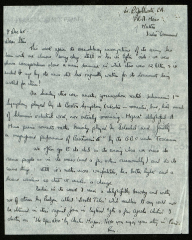 Lt R. Goldwater RA, RA Mess MUTTRA, India Command, 8 Dec. 45 : lettre de Raymond Goldwater à son frère Stan