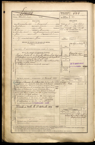 Lenain, Charles Louis, né le 28 novembre 1873 à Seraucourt-le-Grand (Aisne), classe 1893, matricule n° 644, Bureau de recrutement de Péronne