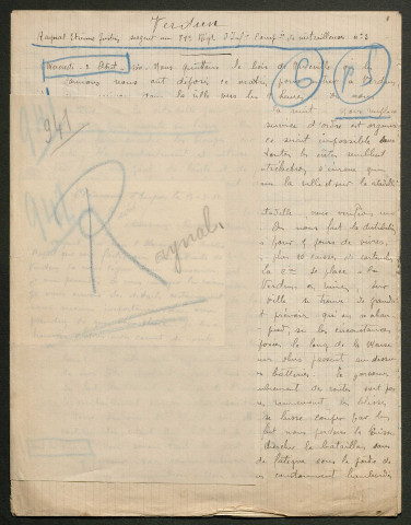 Témoignage de Raynal, Etienne Justin (Sergent) et correspondance avec Jacques Péricard